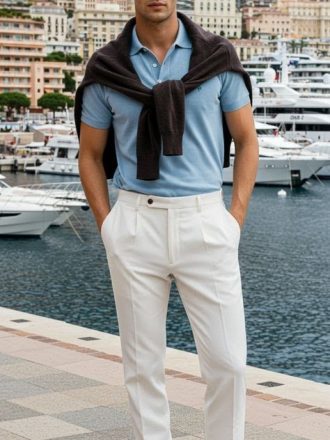 Men's Light Blue Polo Shirt & White Trousers Outfit