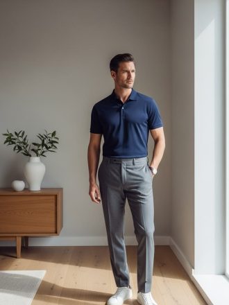 Stylish Men's Business Casual Look: Navy Polo, Grey Pants, White Sneakers