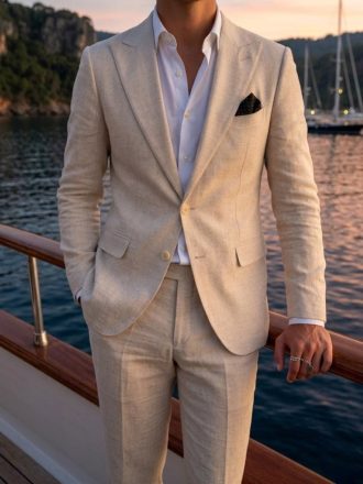 Summer Beach Wedding Suit - Men's Beige Linen