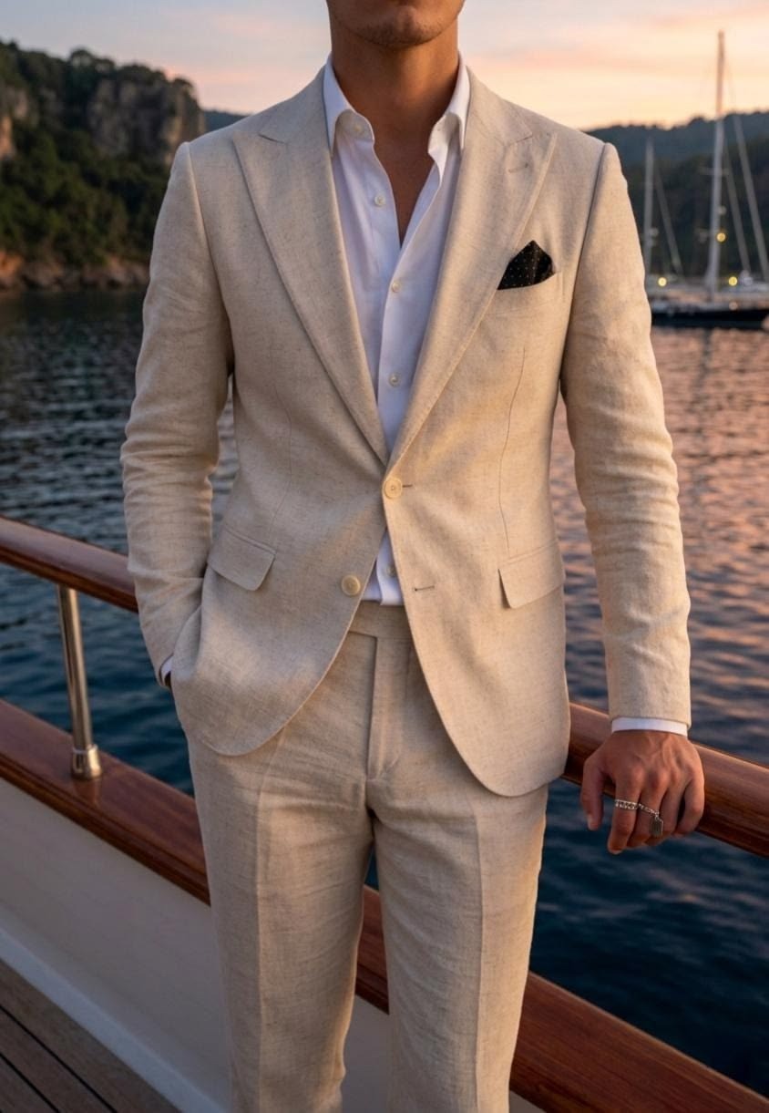 Summer Beach Wedding Suit - Men's Beige Linen