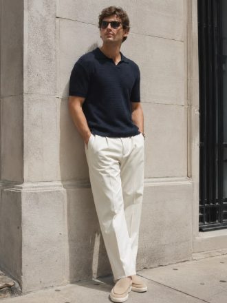 Classic Men's Ribbed Knit Polo - Navy Blue